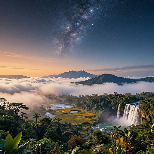 Photograph of a breathtaking tropical landscape with a waterfall, misty clouds, lush greenery, a river, and a starry Milky Way sky at