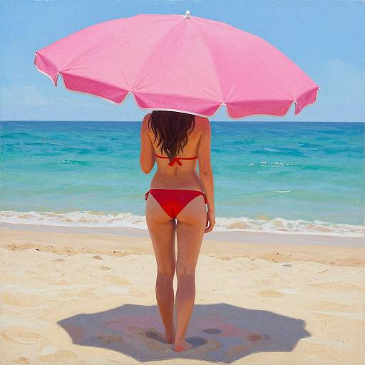 Photograph of a woman with long brown hair, wearing a red bikini, standing under a large pink umbrella on a sunny beach with turquoise ocean and clear