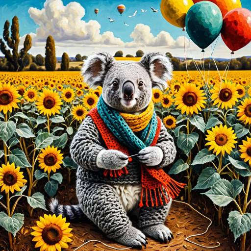 Granny Koala Knitting in Sunflower Field