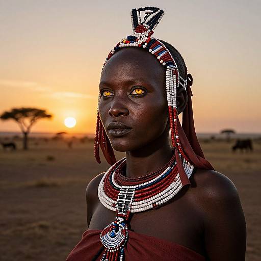 Photograph of a dark-skinned African woman with glowing yellow eyes, adorned in intricate red and white beaded jewelry, against a sunset savanna landscape