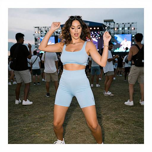 Photograph of a young woman with curly hair, wearing light blue sports bra and shorts, white sneakers, dancing outdoors at night. Background: crowd,