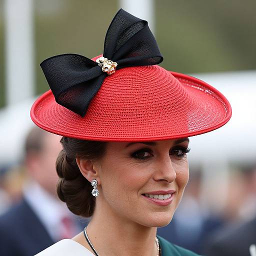 Photograph of a smiling woman with dark hair in an updo, wearing a red wide-brimmed hat with a large black bow and diamond pin