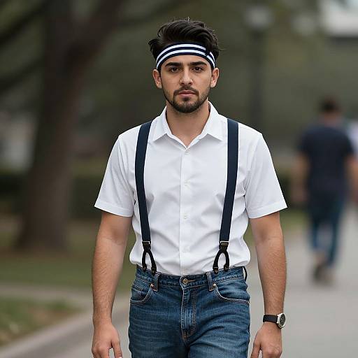 Photograph of a bearded man with dark hair, wearing a white shirt, black suspenders, blue jeans, and a black-and-white headband