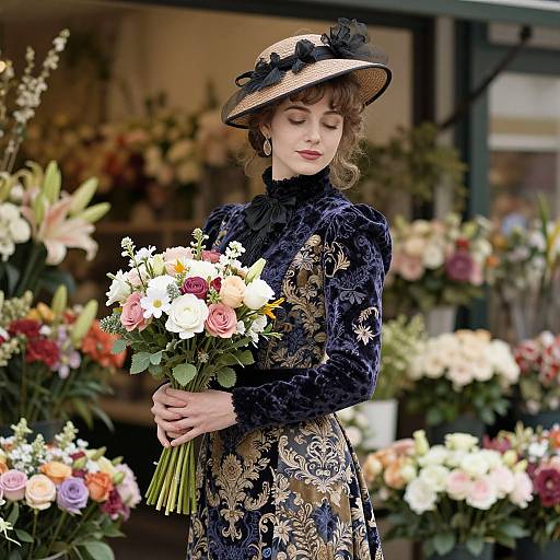 Photograph of a fair-skinned woman in an ornate black floral dress and straw hat, holding a colorful bouquet, standing in a flower shop with