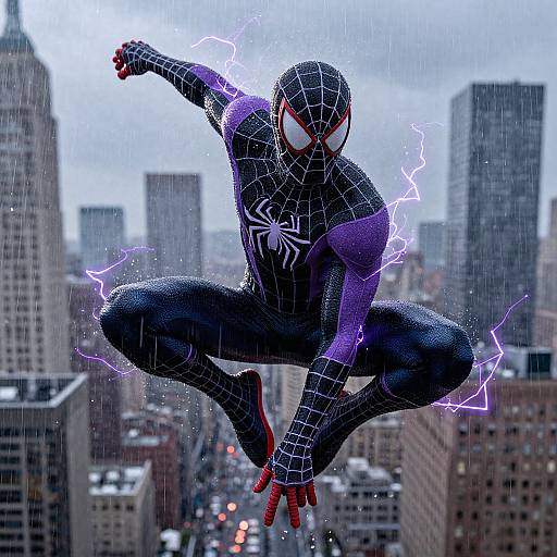 Purple Spider-Man Swinging in Rain