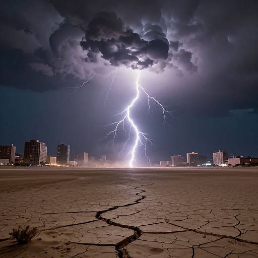 Photograph of a dramatic nighttime lightning strike over a cityscape with dark, cloud-filled sky and cracked, dry land in the foreground.