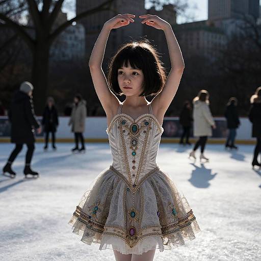 Photograph of a young Asian ballerina in a sparkling white dress with floral embroidery, arms raised, skating on an outdoor rink at sunset.