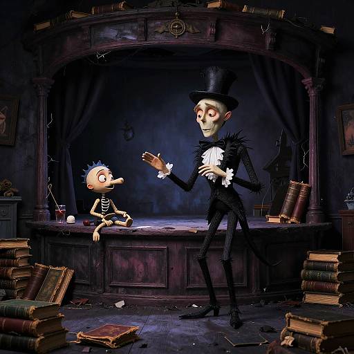 Digital illustration of a tall, thin, skeletal magician in black tuxedo, top hat, and ruffled shirt, performing for a wide-eyed,