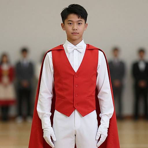 Photograph of an Asian boy in a white shirt, red vest, white pants, and red cape, standing in front of a blurred background of people