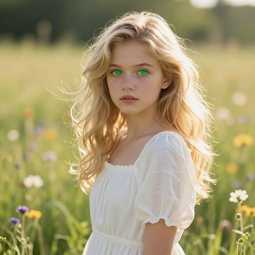 Photograph of a young blonde girl with glowing green eyes, wearing a white, puffed-sleeve dress, standing in a sunlit meadow