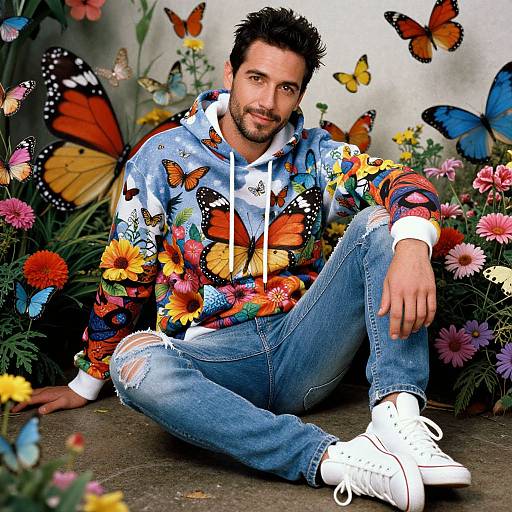 Photograph of a bearded man with short dark hair, wearing a colorful butterfly hoodie, ripped jeans, and white sneakers, sitting among vibrant flowers and