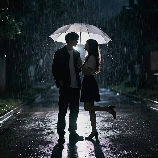 Silhouette Lovers in Heavy Rain