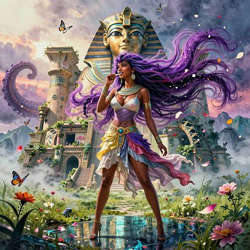 Digital painting of a dark-skinned, purple-haired woman with flowing hair, wearing a white and purple outfit, standing confidently in front of an ancient Egyptian