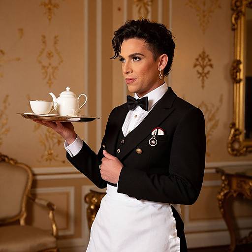 Photorealistic digital image of a handsome male waiter with dark hair, wearing a black tuxedo and white apron, holding a tea tray in