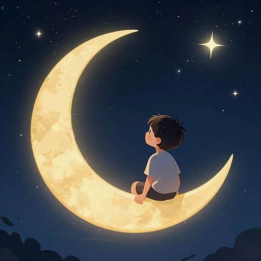 Digital illustration of a young boy with short black hair, wearing a white shirt, sitting on a glowing yellow crescent moon, gazing at a bright