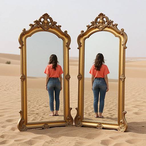 Photograph: Woman with long black hair in orange top and blue jeans stands in desert, facing twin ornate gold mirrors, reflecting her back. Sand