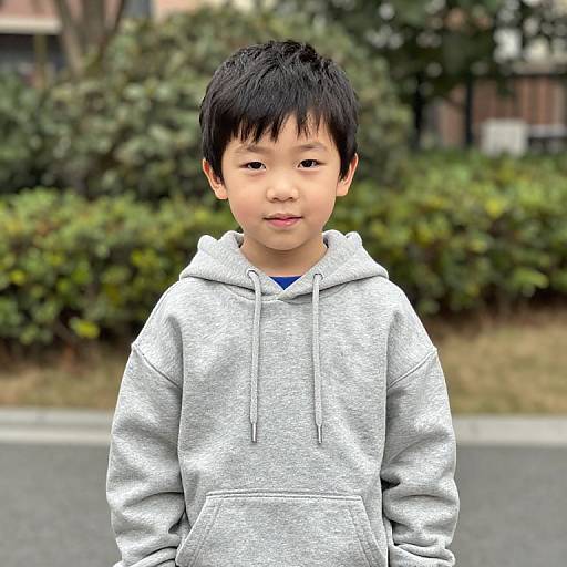 Photograph of a young Asian boy with black hair, wearing a light gray hoodie, standing on a street with green bushes and blurred buildings in the background