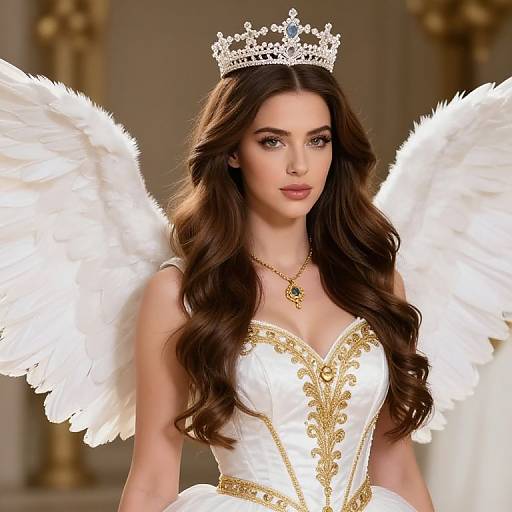 Photograph of a beautiful woman with long brown hair, white angel wings, and a silver crown, wearing a white gown with gold embroidery, and a