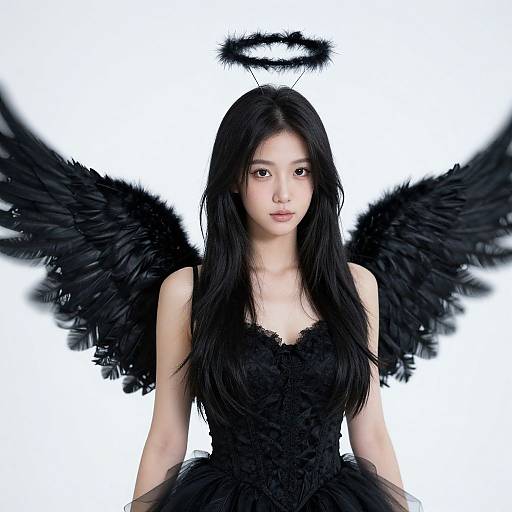 Photograph of an East Asian woman with long black hair, wearing a black feathered dress and angel wings, halo above head, against a white background
