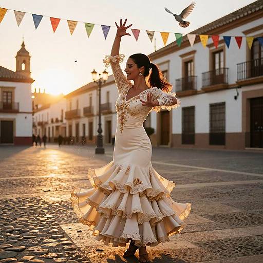 Photograph of a smiling woman in a white, ruffled, off-the-shoulder dress, dancing in a sunlit, cobblestone plaza