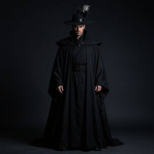 Photograph of a man in a black, ornate, Renaissance-style cloak and wide-brimmed hat with feathers, standing against a dark, shadow