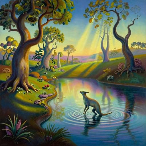 Vibrant digital painting of a kangaroo standing in a colorful, sunlit pond surrounded by whimsical trees and lush, multicolored flora.