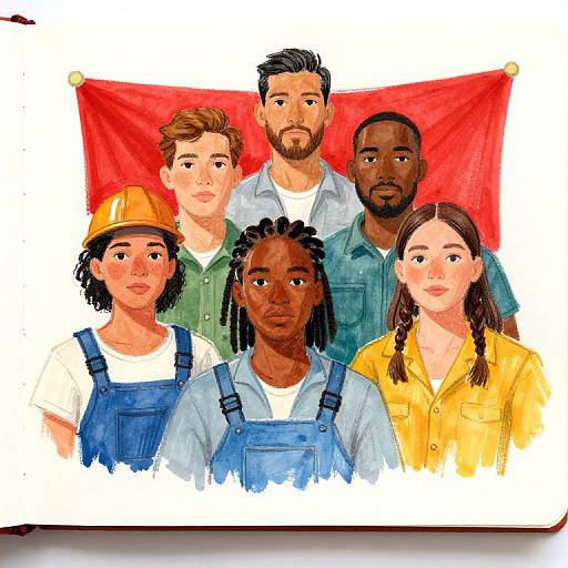 Digital illustration of six diverse individuals in work clothes, standing in front of a red banner, with varied expressions and hairstyles.