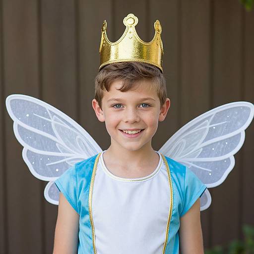 Photograph of a young boy with brown hair, blue eyes, wearing a gold crown, blue and white fairy costume, and transparent fairy wings, smiling