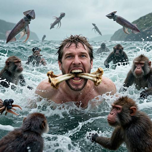 Screaming Man Surrounded by Wild Creatures