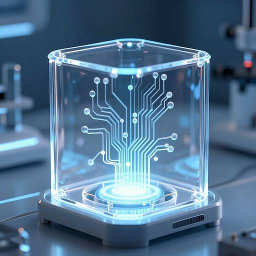 Photograph of a glowing, neon-blue, circuit tree inside a transparent hexagonal glass cube on a futuristic blue metallic surface.