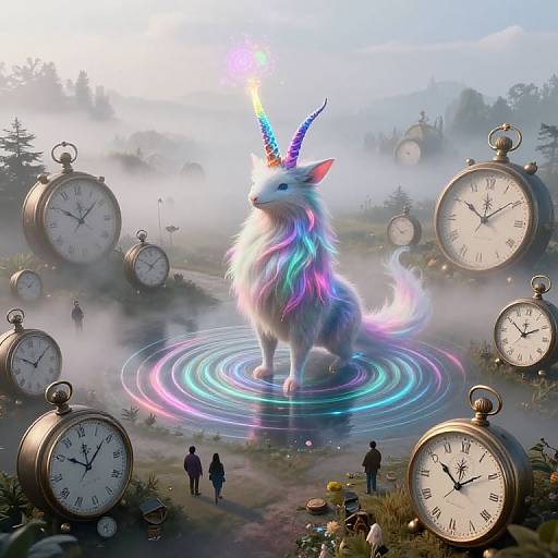 Fantasy digital artwork of a glowing, rainbow-maned, unicorn-like creature with fiery horn, standing on a circular light ring, surrounded by oversized pocket