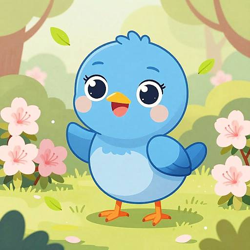 Cute, cartoon blue bird with large eyes, orange beak and feet, standing in a sunny, flower-filled forest, waving with a joyful expression