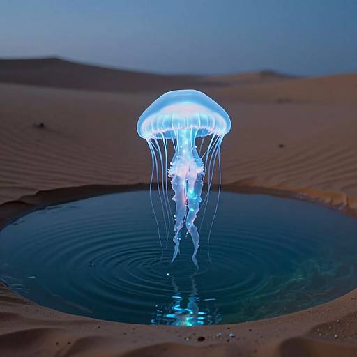 Photograph of a glowing blue jellyfish with translucent tentacles, floating in a small pool of water in a desert with rippled sand and a dark