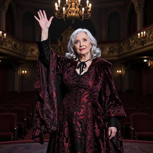 Photograph of an elderly woman with silver hair, waving in a grand, dimly-lit hall with ornate chandeliers, wearing a black
