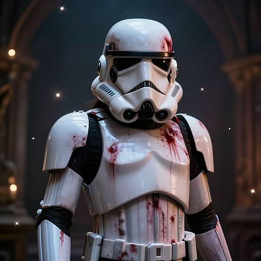 Photorealistic CGI of a blood-stained white Stormtrooper helmet, with dark visor, standing against a dimly lit, starry background