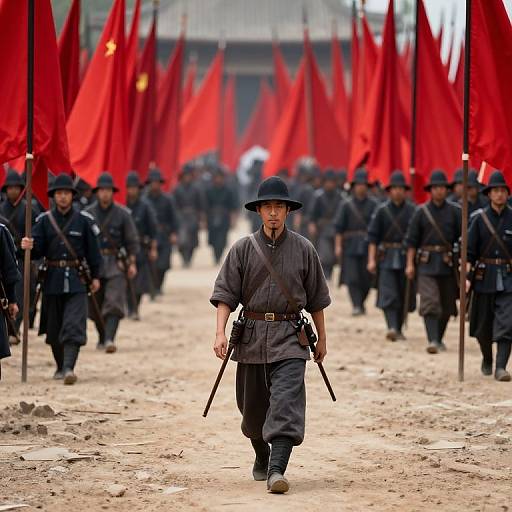 Photograph of a marching soldier in black uniform and hat, holding a rifle, flanked by rows of soldiers with red flags.