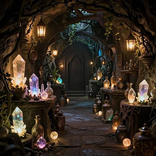 Photograph of a dimly lit, enchanting garden path with glowing crystals, lanterns, and vintage glass bottles, framed by arched vines and