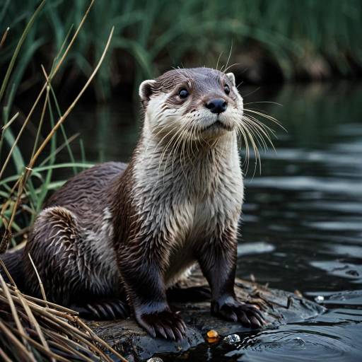 Otter Sitting by Riverbank at Night