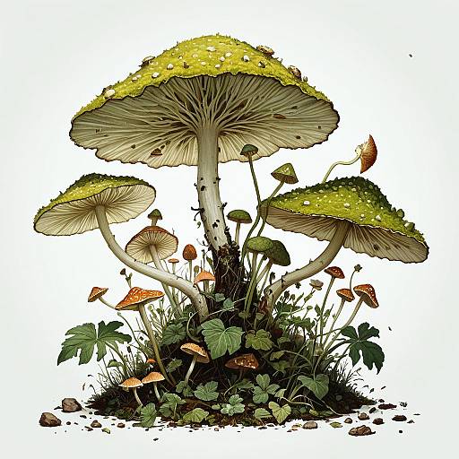 Detailed Illustration of Fantasy Mushrooms and Fungi