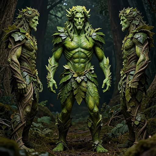 Photorealistic CGI of three muscular, green-skinned, leaf-armored forest elves with wild hair, standing in a dark, dense forest. Center