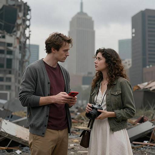 Photograph of a curly-haired woman in a white dress and green jacket, holding a camera, standing next to a man in a gray cardigan and