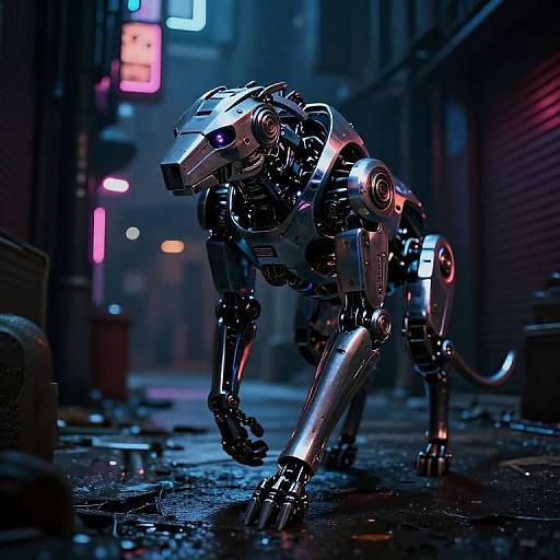 Neon-lit cyberdog robot with metallic limbs and glowing blue eyes walks on a wet, urban alley at night. Digital artwork.