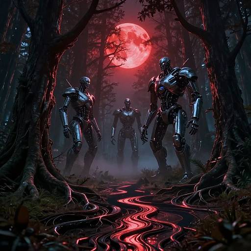 Digital art: Three glowing, armored robots stand in a dark, misty forest, illuminated by a red, full moon, with a red, winding
