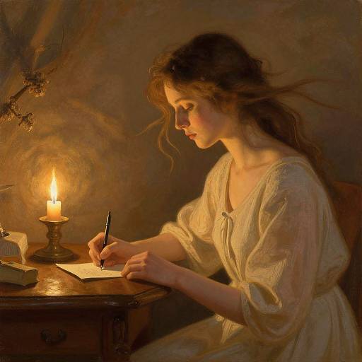 Romantic oil painting of a young woman with wavy brown hair, wearing a white, flowing dress, writing by candlelight in a dimly lit