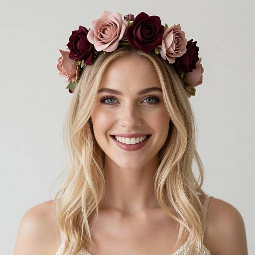 Photograph of a smiling blonde woman with wavy hair, wearing a flower crown of pink and dark purple roses, against a plain white background.