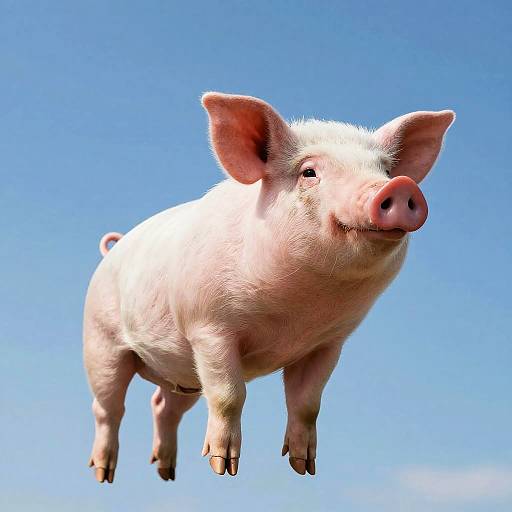 Photograph of a pink pig with large ears and a snout, mid-air against a clear blue sky, looking forward.