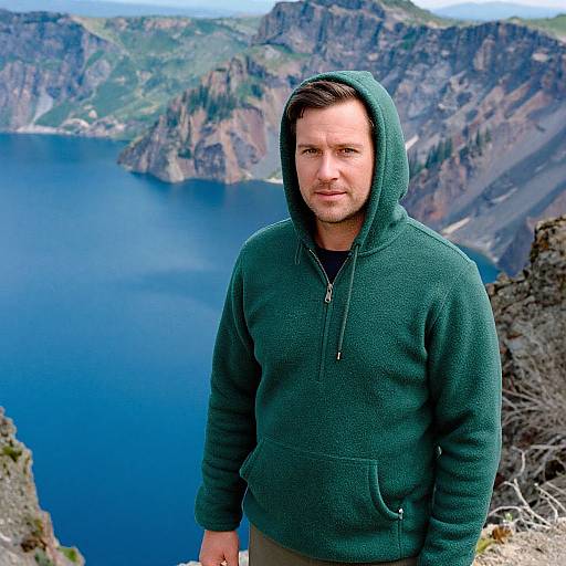 Photograph of a fair-skinned, brown-haired man in a green hoodie standing on a rocky cliff, with a deep blue lake and mountainous landscape
