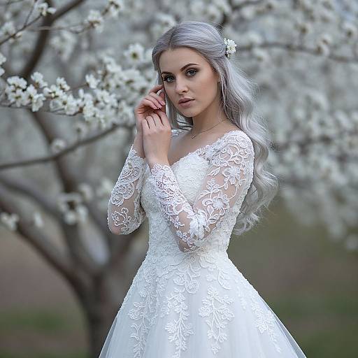 Photograph of a fair-skinned woman with silver hair in a white lace wedding dress, standing before a blooming tree with white flowers.