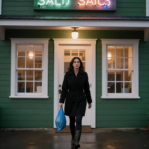Woman Approaching Neon-Lit Saloon