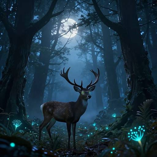 Digital artwork of a glowing-eyed deer with large antlers standing in a mystical, blue-lit forest illuminated by bioluminescent mushrooms.